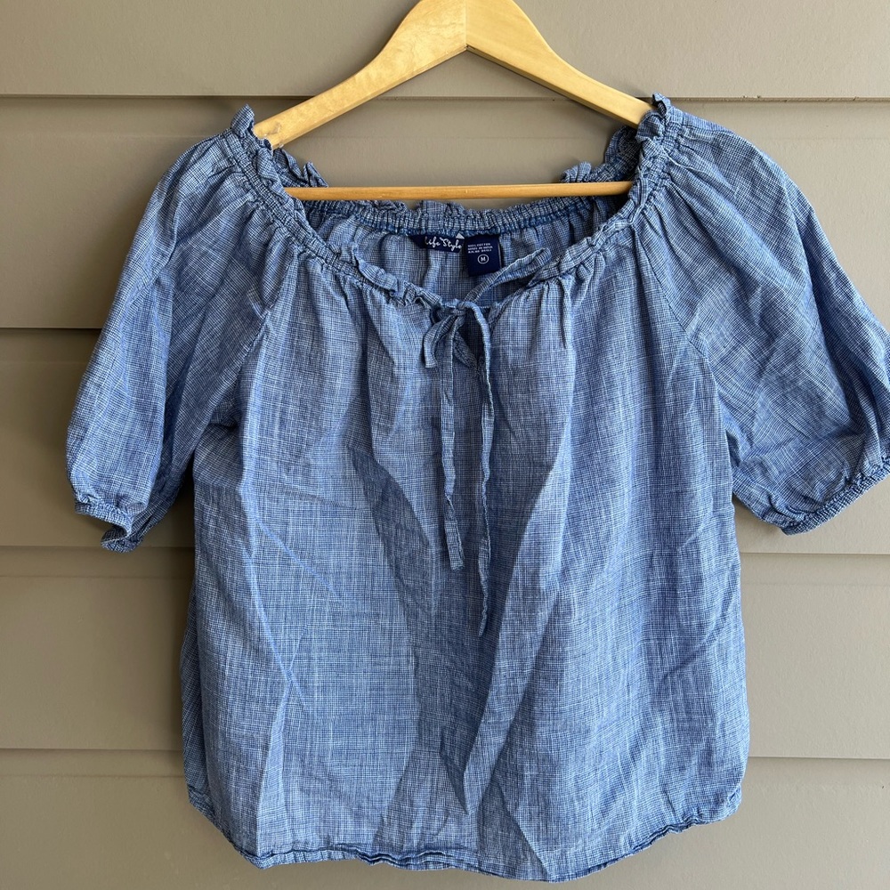 Life Style Off Shoulder Frilled Drawstring Front top color navy/white size M